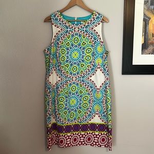 London Times Retro Colorful Kaleidoscope
Print Sleeveless Mini Shift Dress